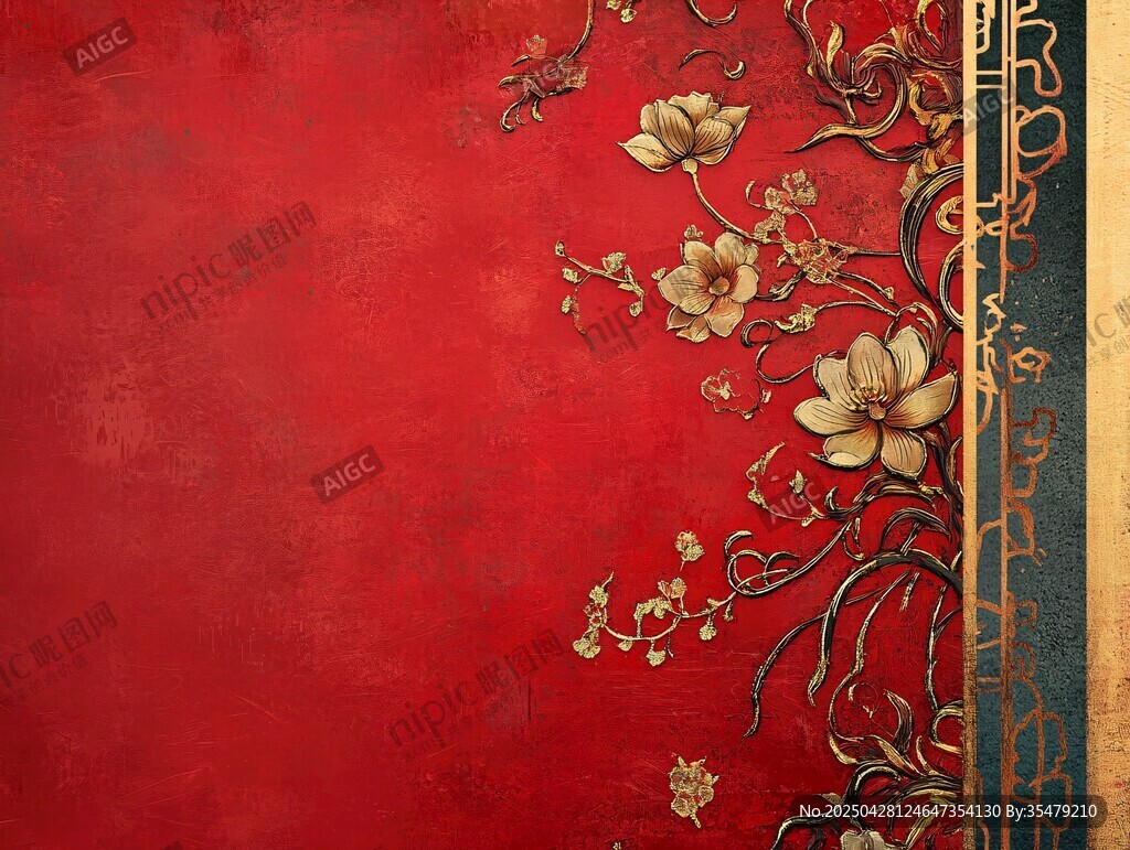 中式紅底花卉精致紋理背景