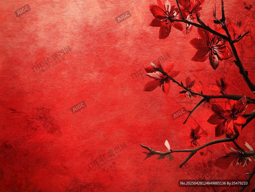 紅底花枝圖