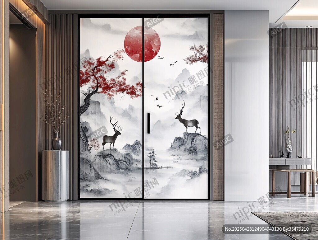 中式山水麋鹿移門裝飾畫