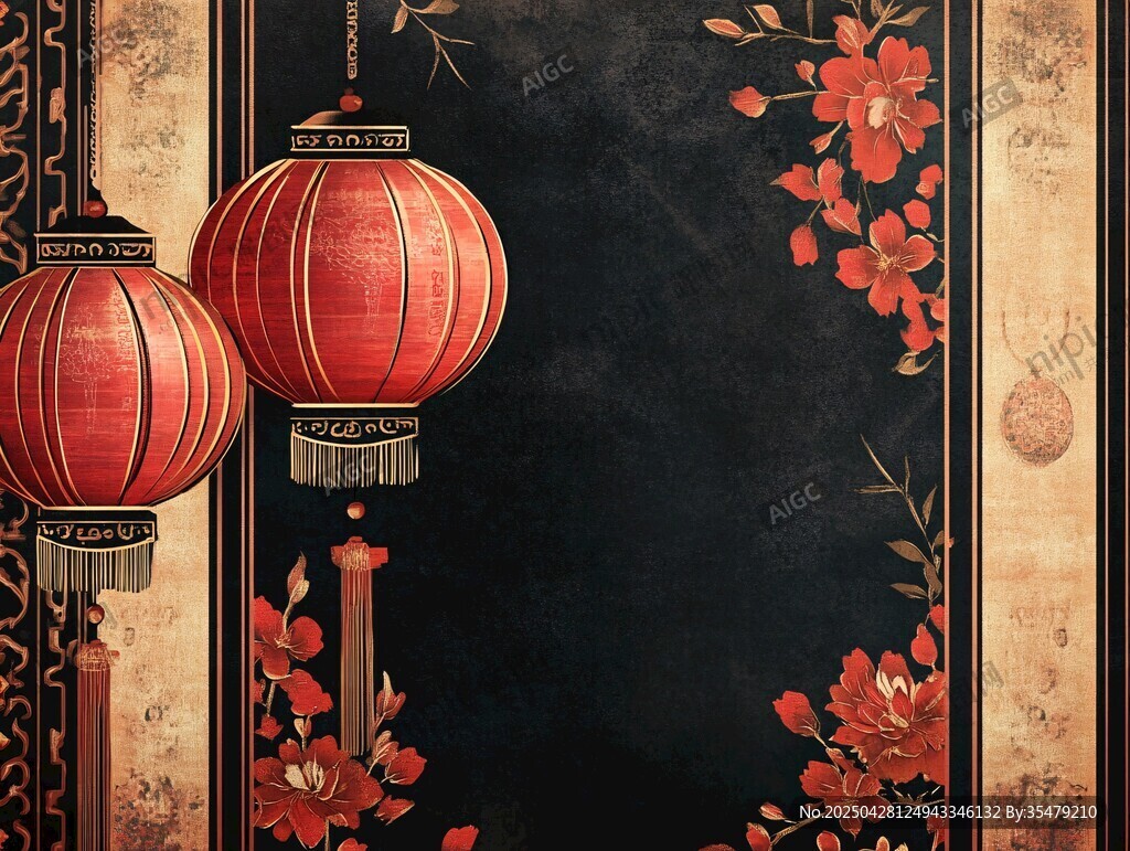 中式紅燈籠與花卉裝飾圖
