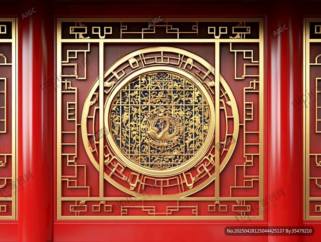 中式紅墻金飾雕花窗
