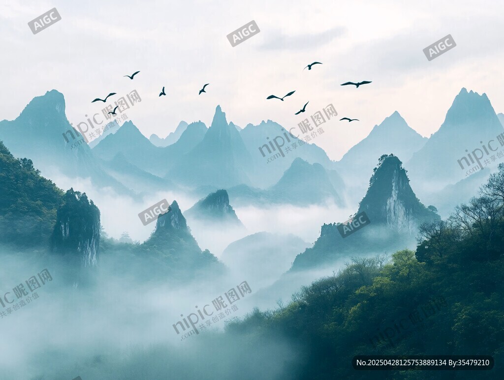 山巒云海間飛鳥翱翔