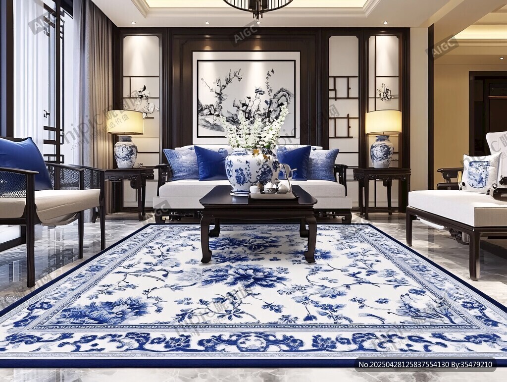 中式典雅客廳藍(lán)白風(fēng)裝飾