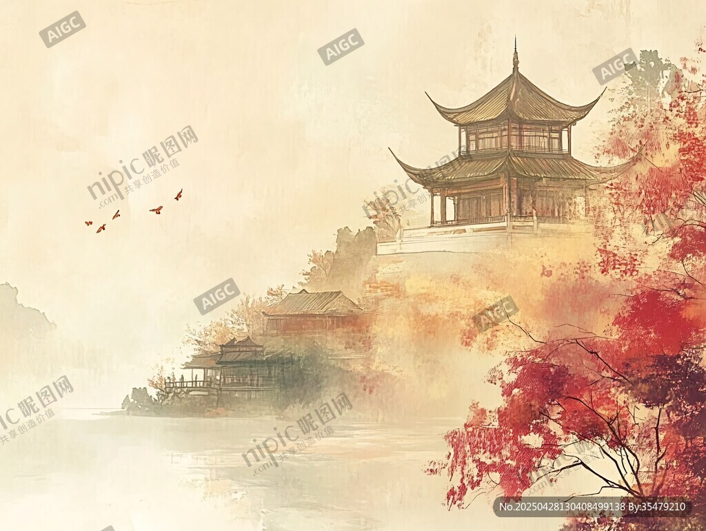 古風(fēng)樓閣秋景圖