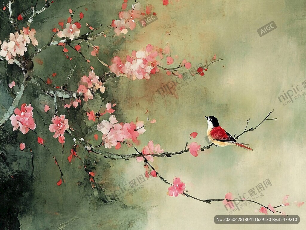 紅梅枝頭鳥棲圖