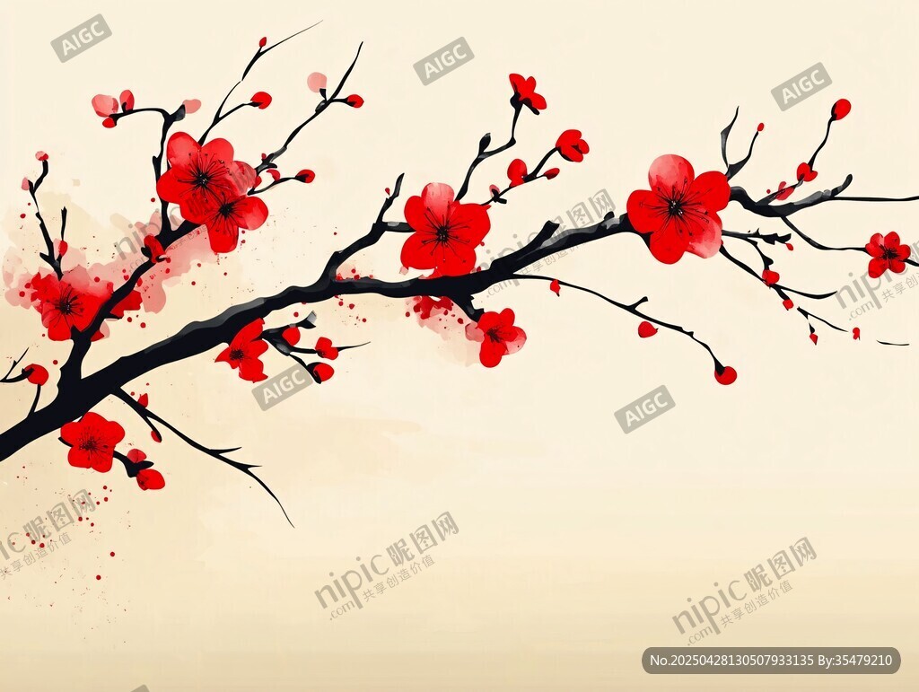 水墨紅梅枝頭綻