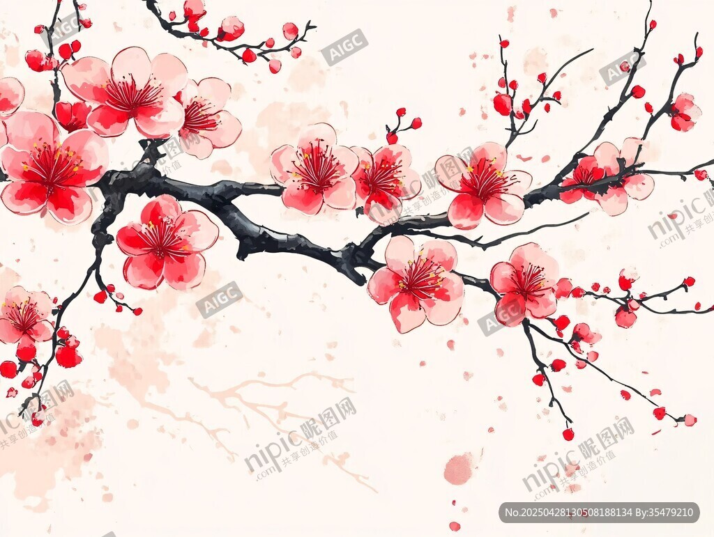 水墨紅梅綻放枝頭