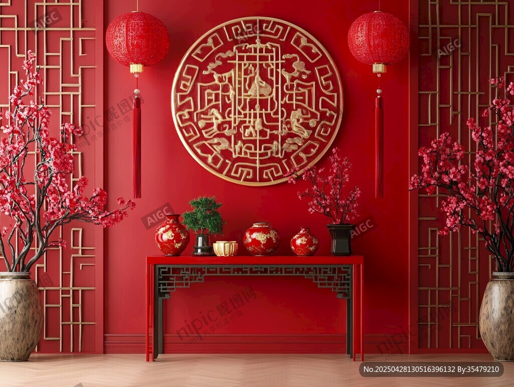 中式紅墻前的傳統(tǒng)裝飾