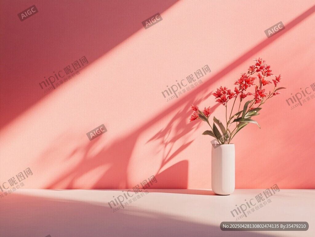 粉色背景下的花瓶與紅花