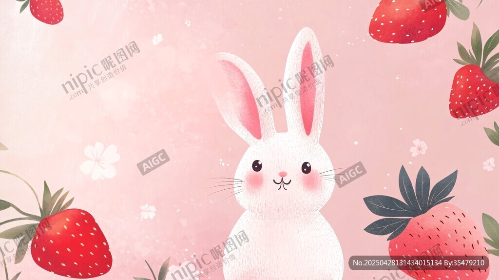 可愛白兔與草莓夢幻插畫