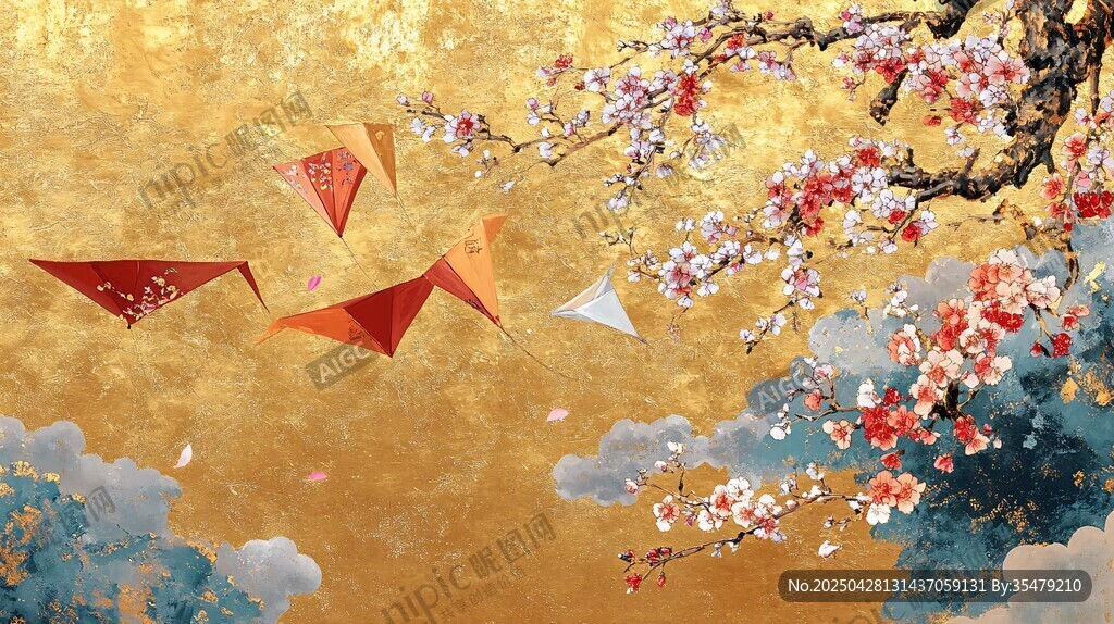 金色背景下的紙鳶與繁花
