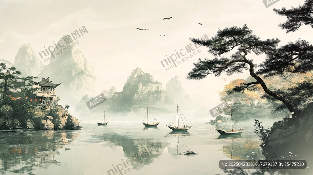 水墨山水間的悠然舟行