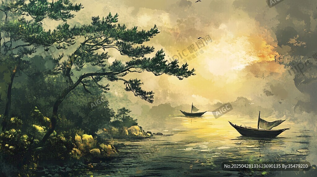 夕陽下的江畔行舟圖景
