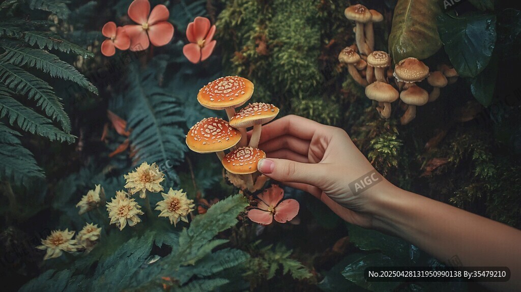 手觸奇幻蘑菇的自然瞬間