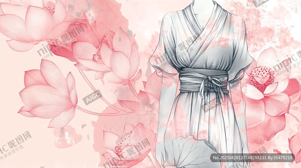 水墨風漢服與荷花插畫