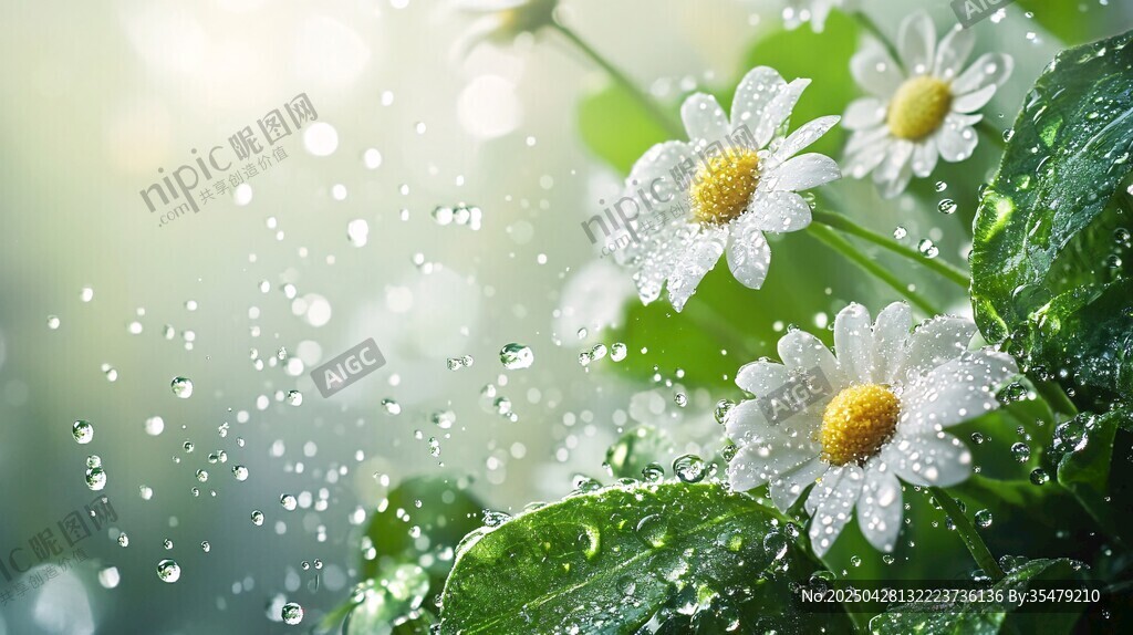 雨中雛菊綻放晶瑩水珠
