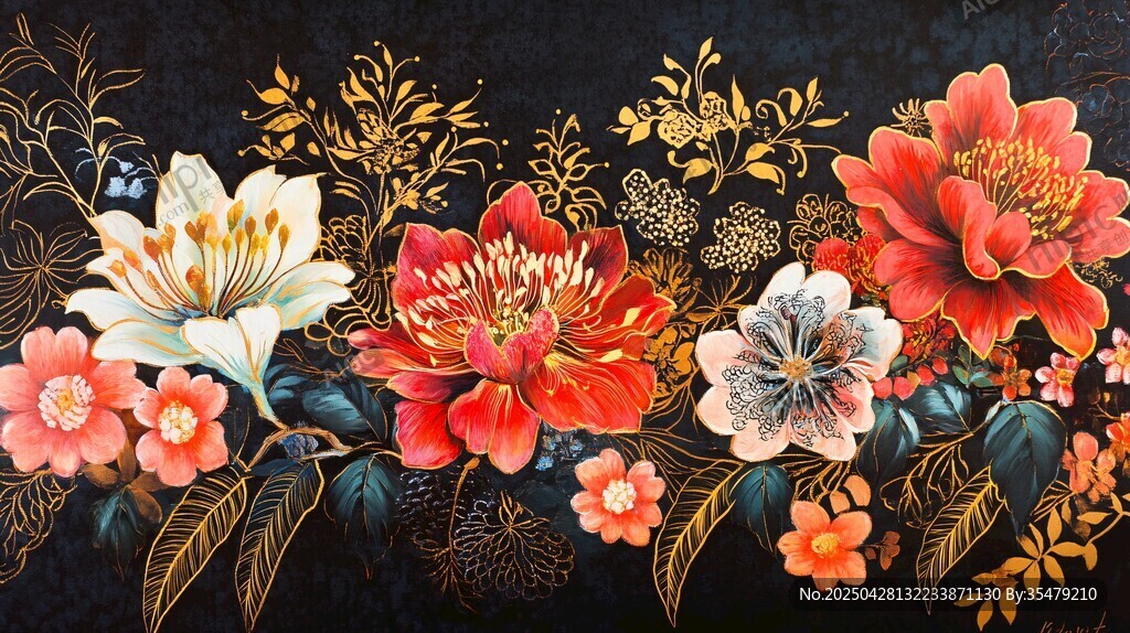 中式繁花黑金背景插畫