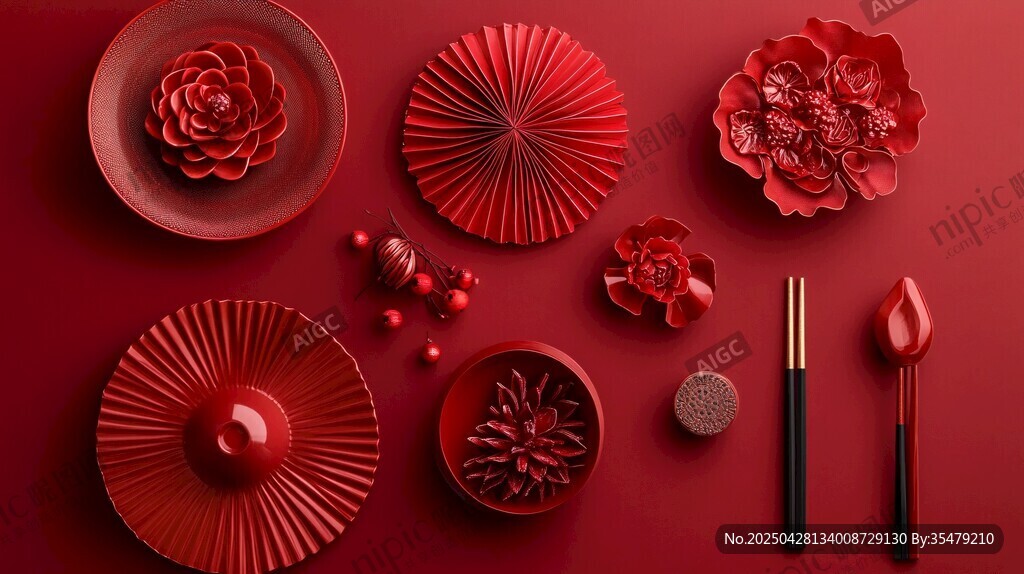 紅色中式餐具與精美擺件
