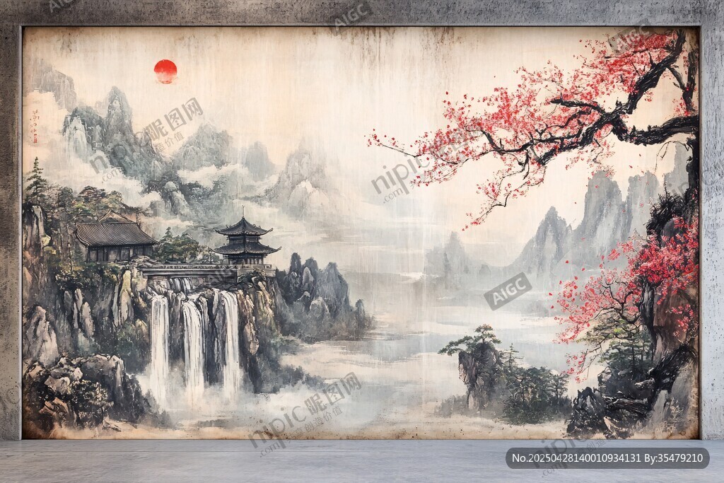 中式山水壁畫 紅梅映景