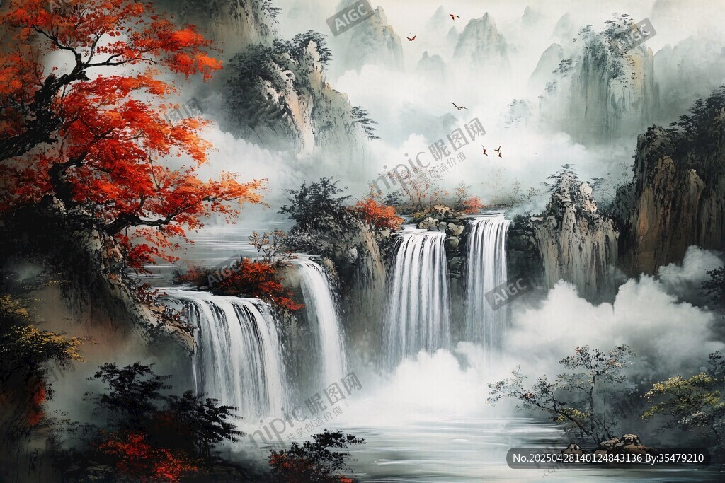 秋日山水間飛瀑紅葉美景