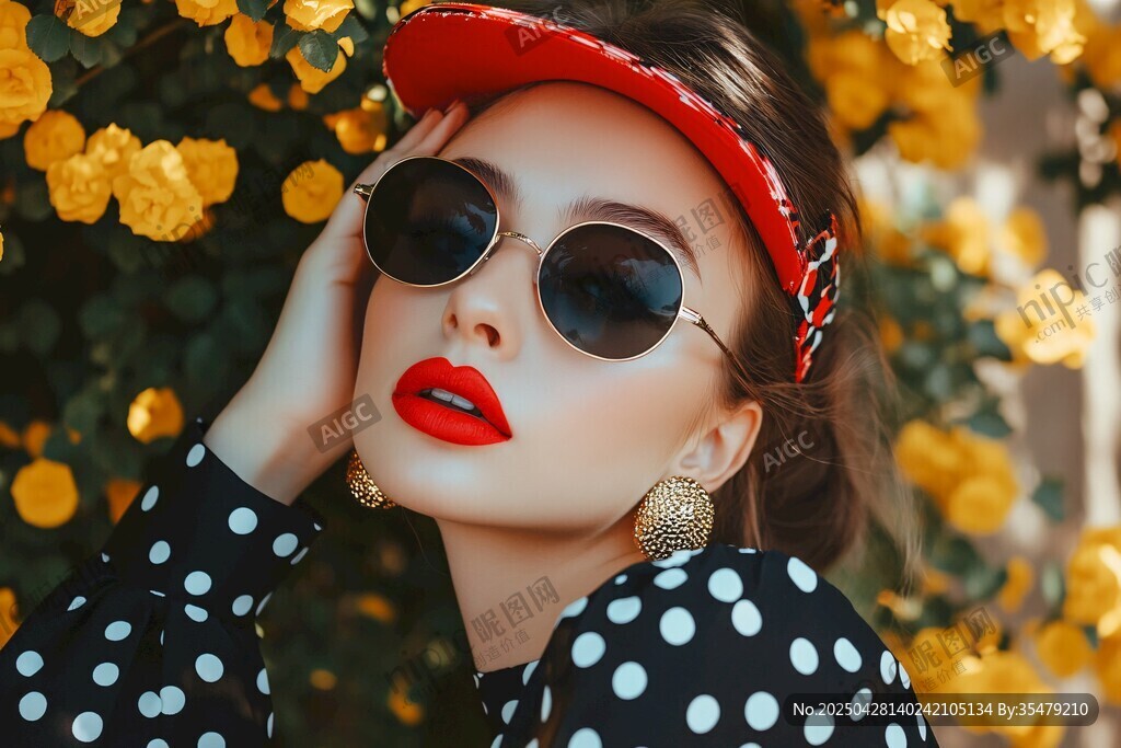 波點美女花叢中時尚扮相