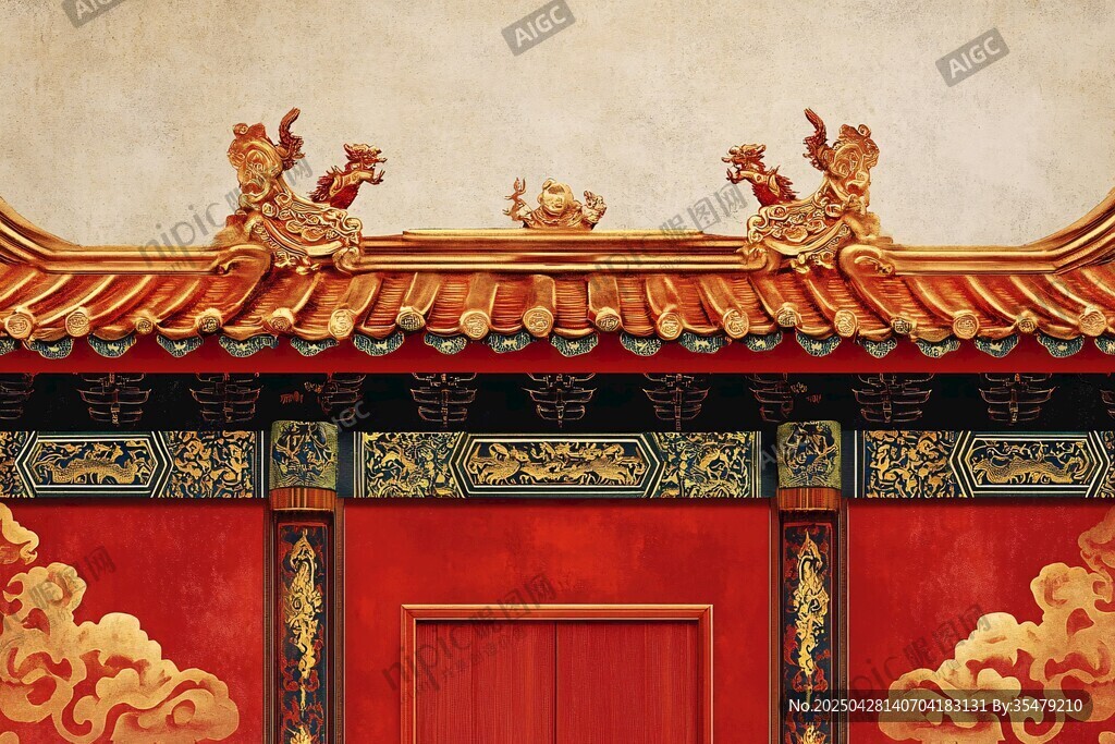 中式古建筑屋頂與紅墻