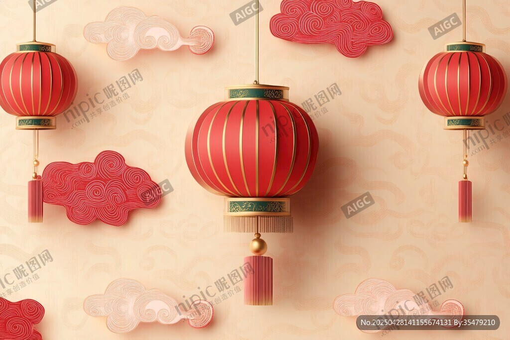 中式紅燈籠與祥云裝飾圖