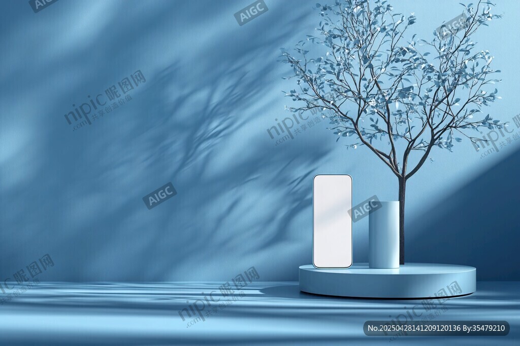 藍色場景中的樹與展示物品