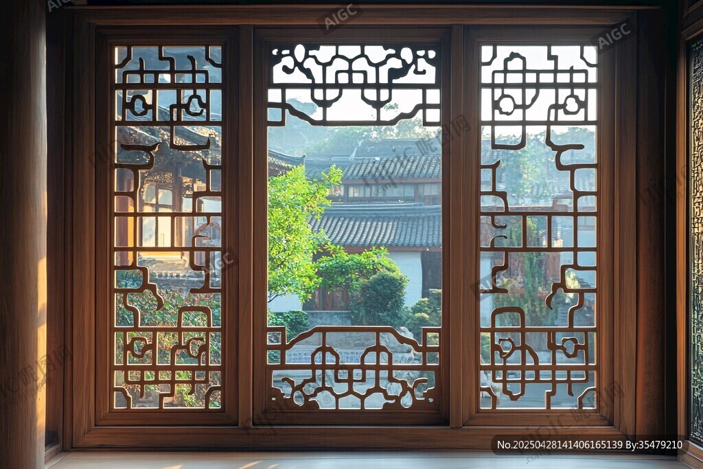 中式木窗映古韻庭院
