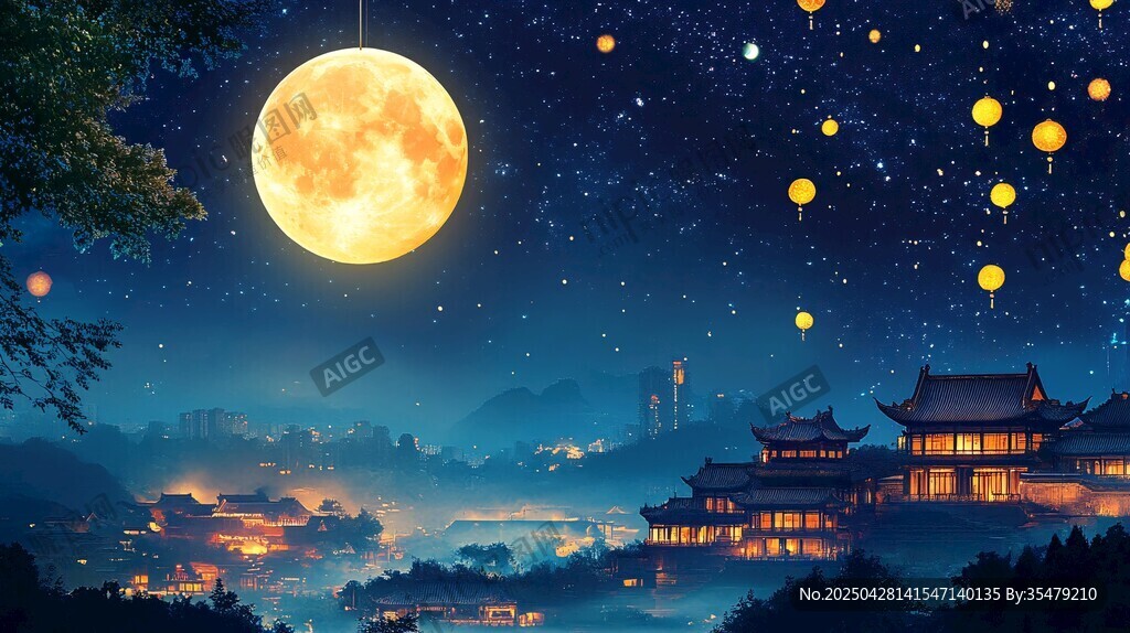 月夜古景放天燈
