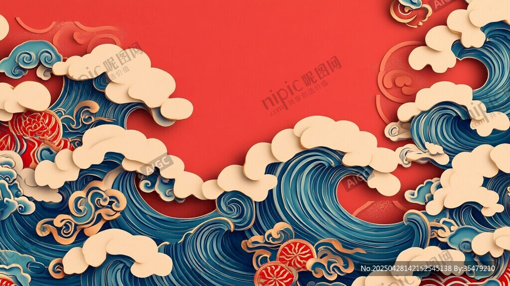 中式海浪祥云剪紙風背景