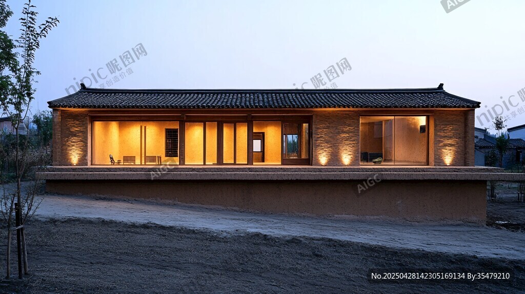 鄉村中式小屋的靜謐黃昏