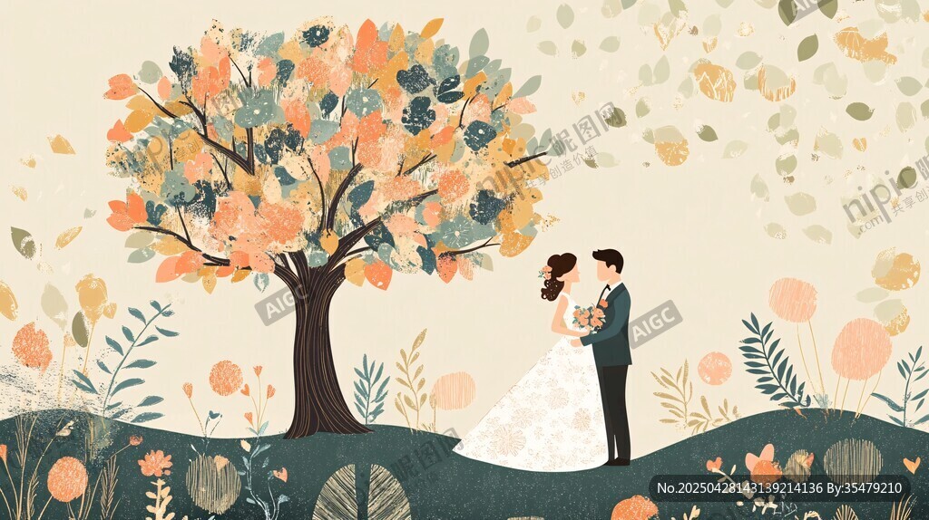 樹下浪漫新婚夫婦