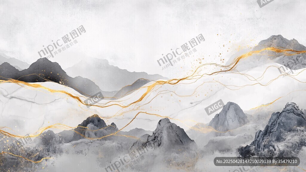 水墨金紋山川意境圖