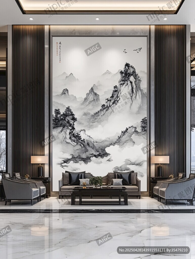 中式客廳水墨山水背景墻