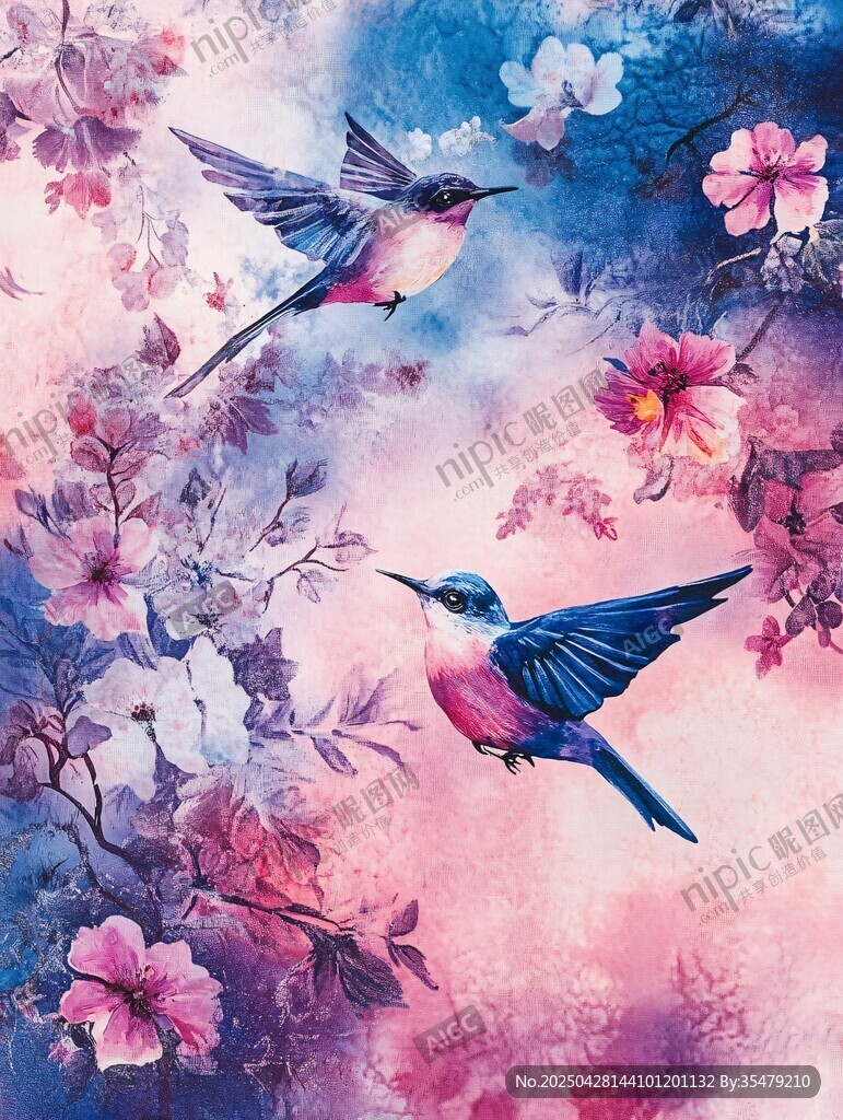 蜂鳥于繁花間飛舞圖景