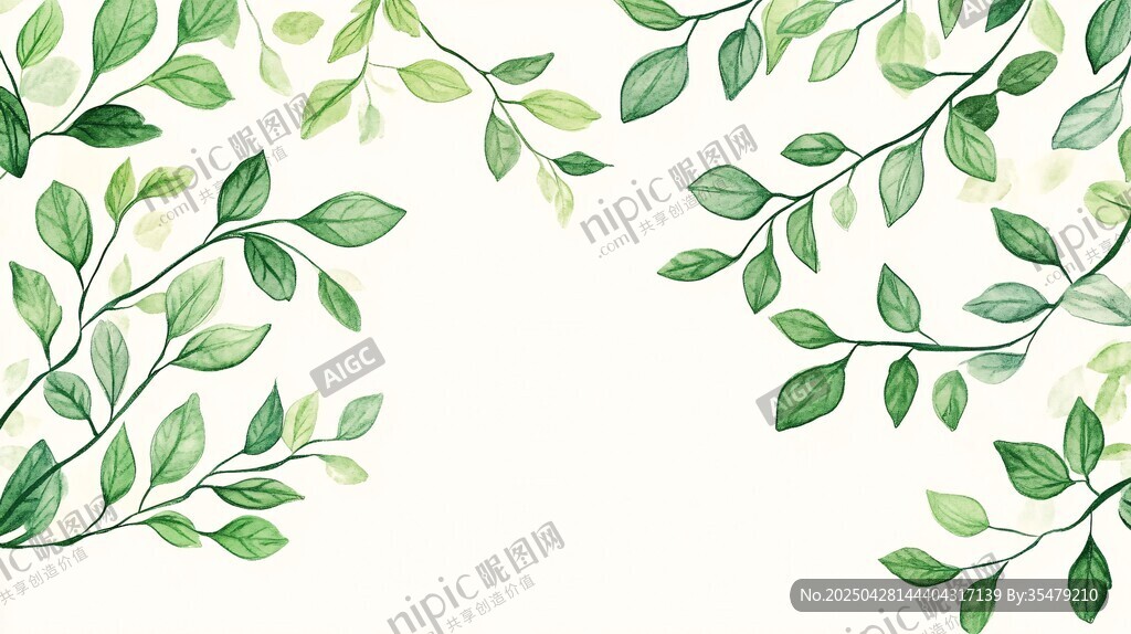清新綠葉水彩邊框插畫