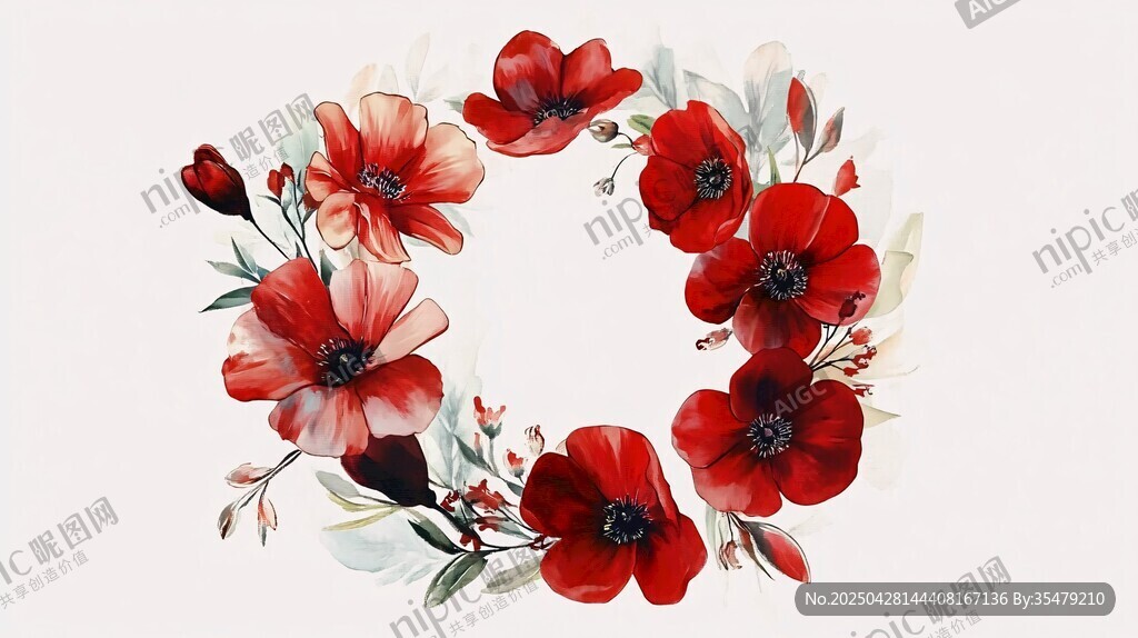 紅色花卉花環(huán)水彩插畫