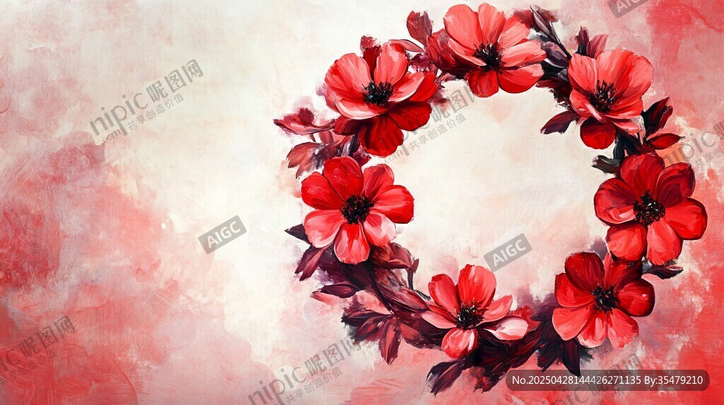 紅色花卉花環(huán)水彩背景圖