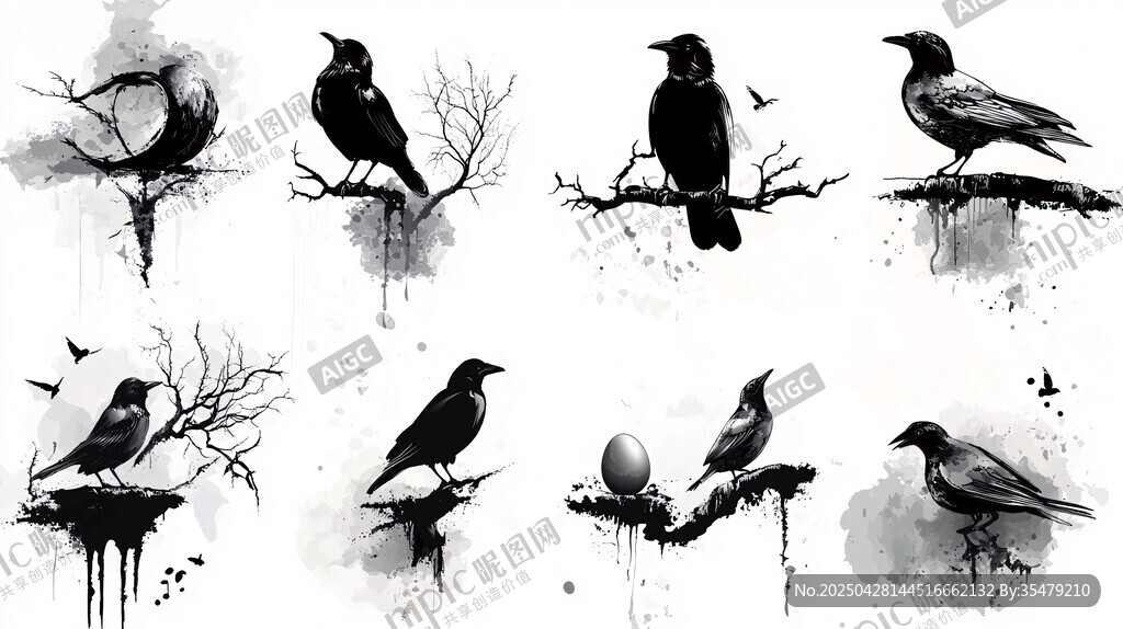 水墨風(fēng)格棲息枝頭的鳥類