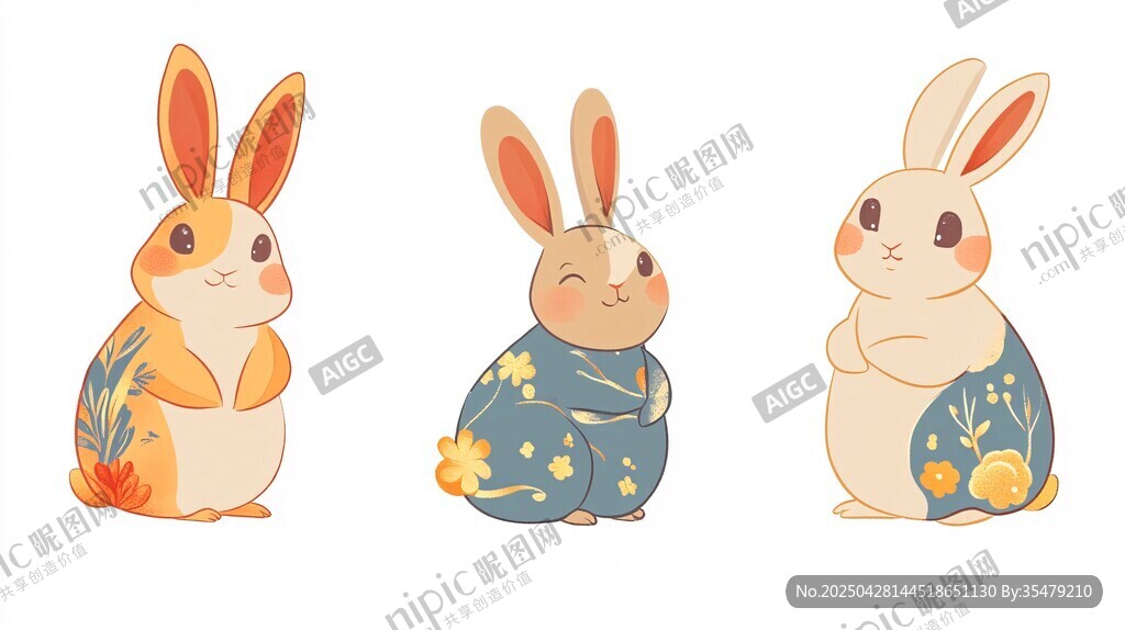 三只可愛花紋兔子插畫