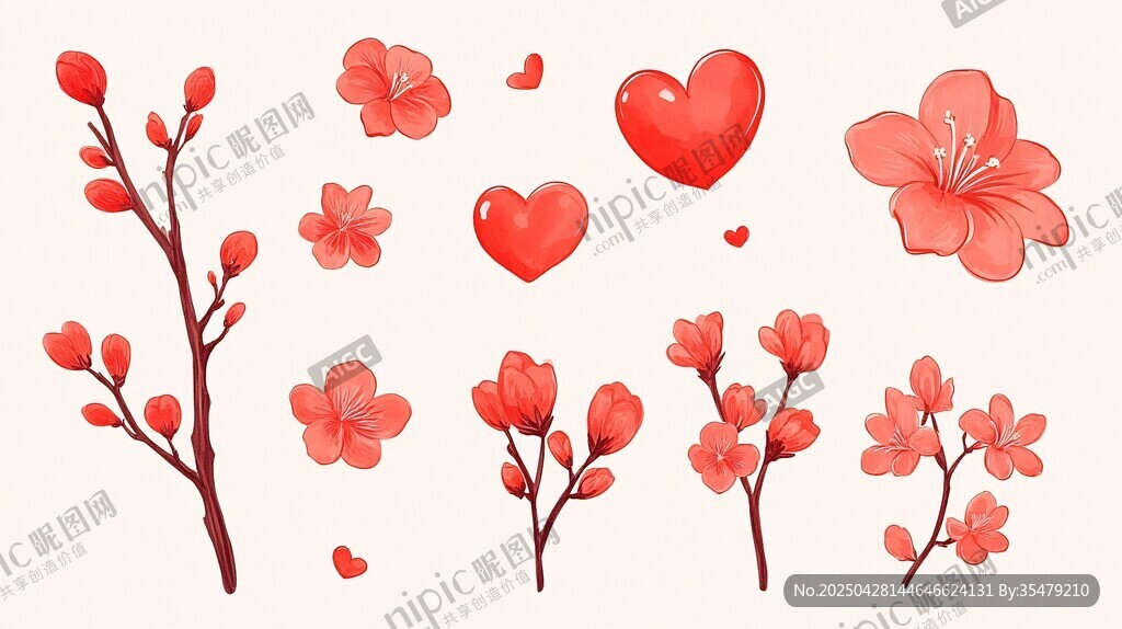 紅色花朵與愛心元素集合