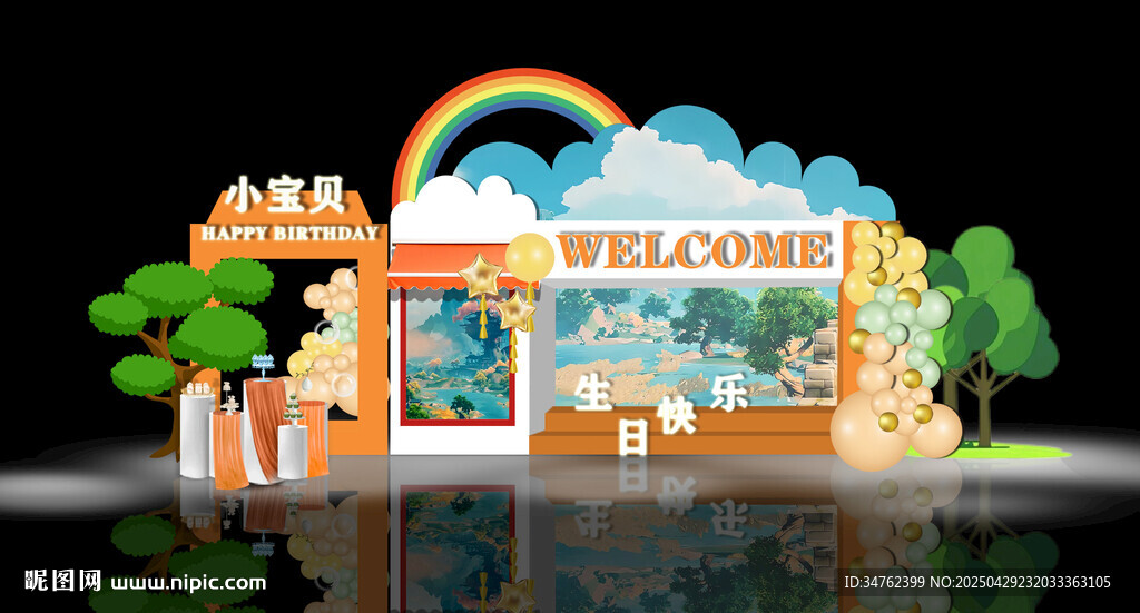 橙色生日布置派對效果圖