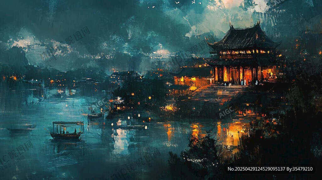 水墨夜景中的古韻樓閣