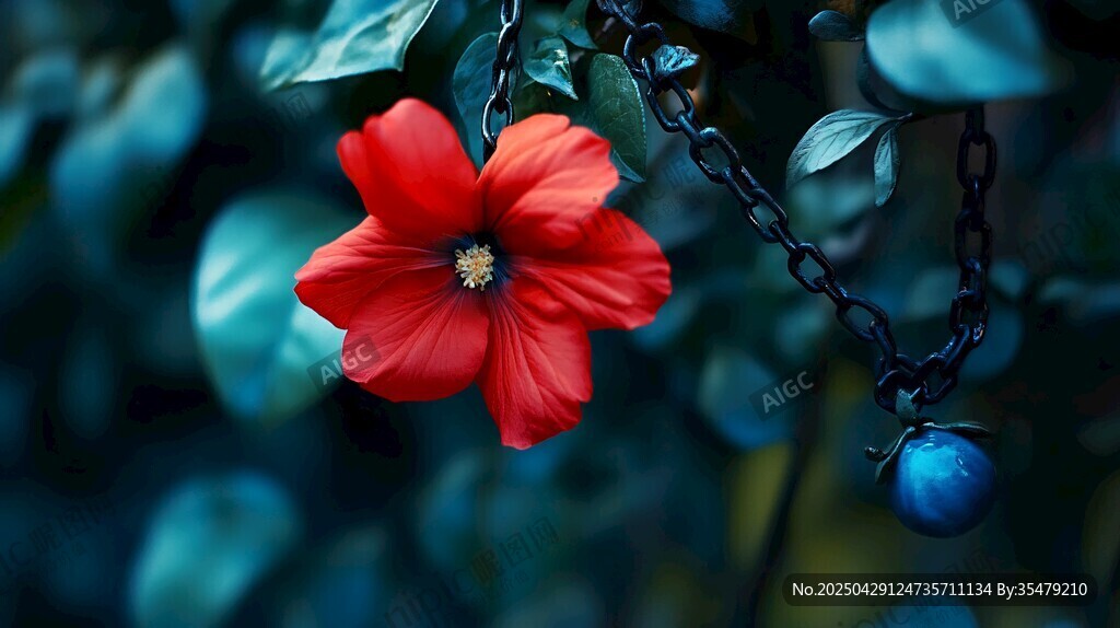 紅花朵掛于鐵鏈的獨特景致