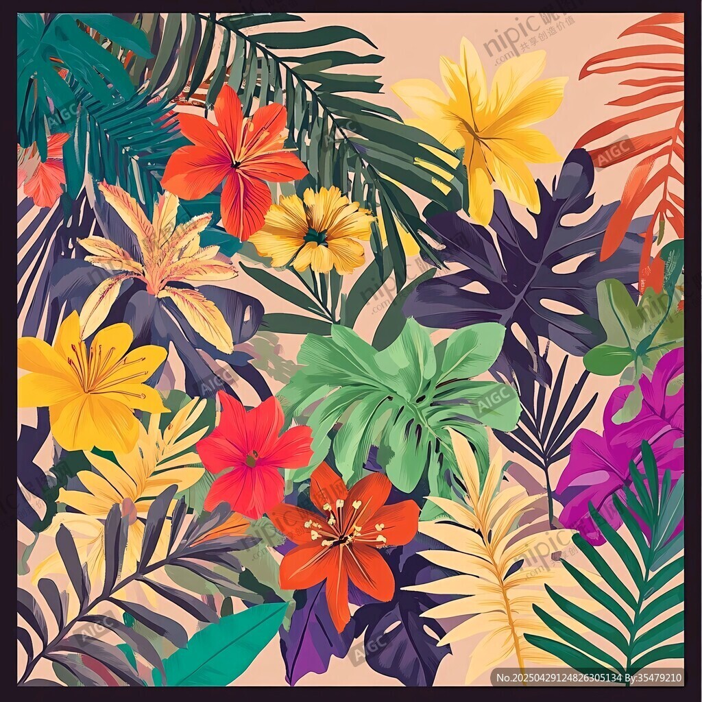 熱帶花卉植物絢麗插畫