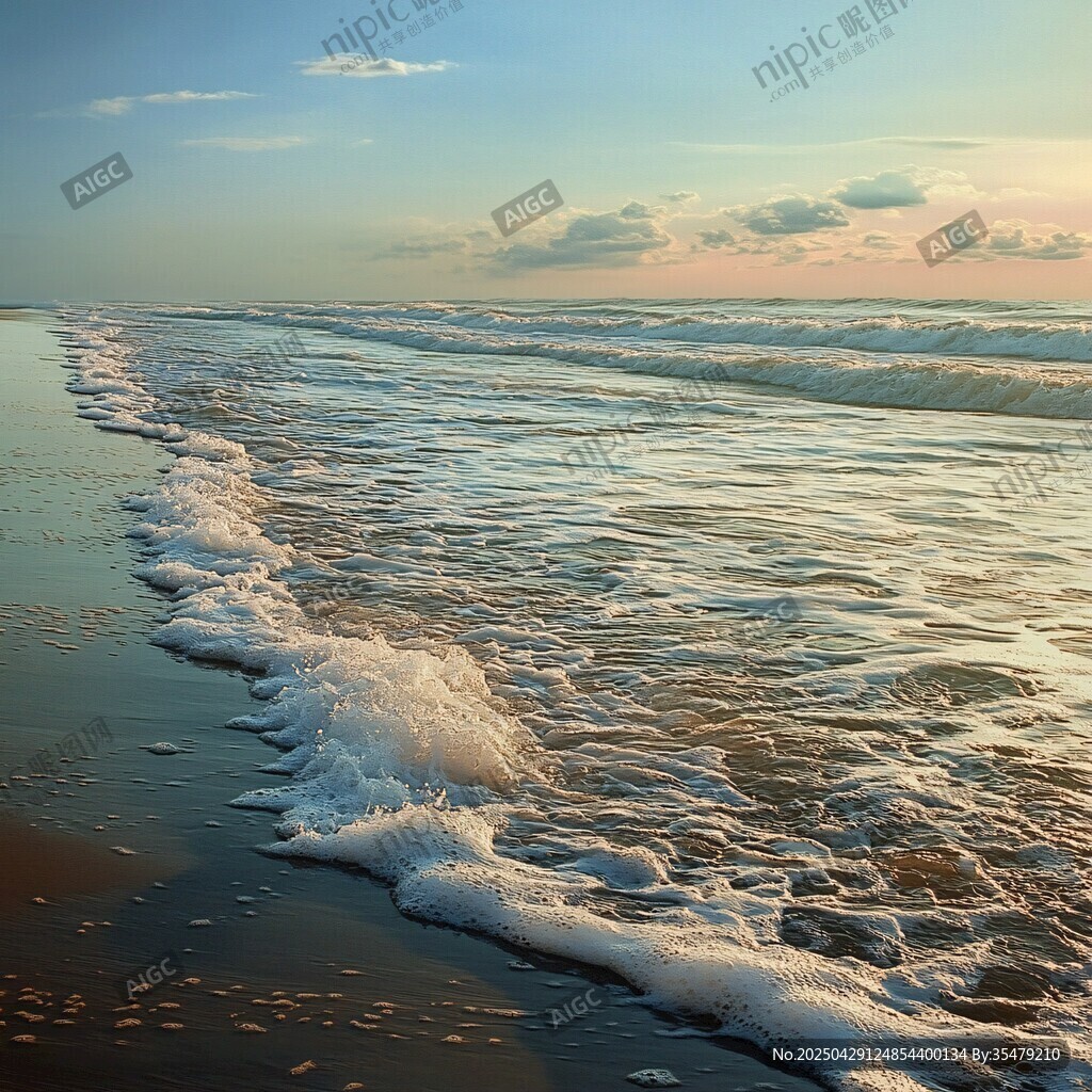 夕陽下的海浪輕拍沙灘