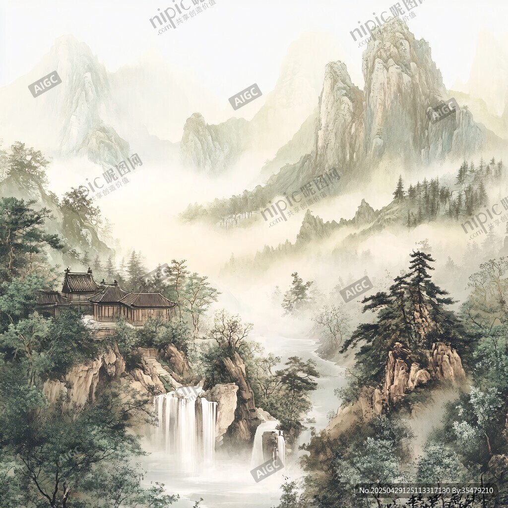 山水間的靜謐中式山居圖景