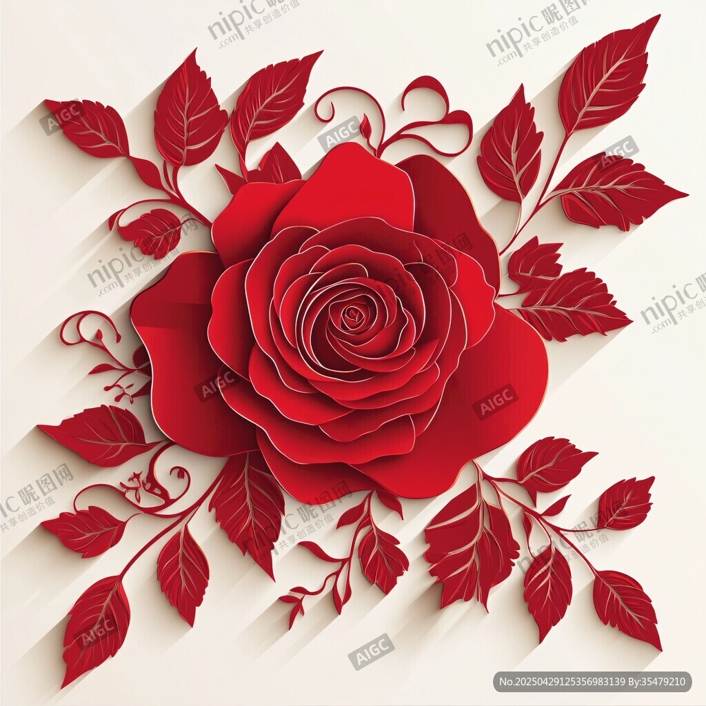 立體剪紙紅玫瑰花卉圖案