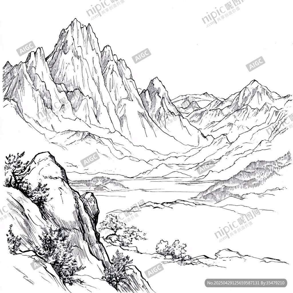 水墨山川線描圖